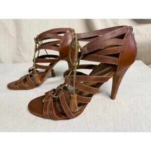Ulla Johnson Leather Lace-Up Gladiator Heels Sandals Brown Tassel Size 38 boho